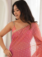 Rose Coral Pink Moss Butti Saree with Embroidery Work - Detail View 2