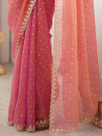 Rose Coral Pink Moss Butti Saree with Embroidery Work - Detail View 4
