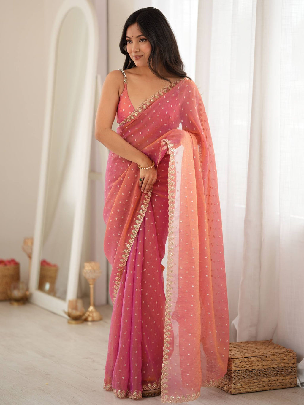 Rose Coral Pink Moss Butti Saree with Embroidery Work - Detail View 5