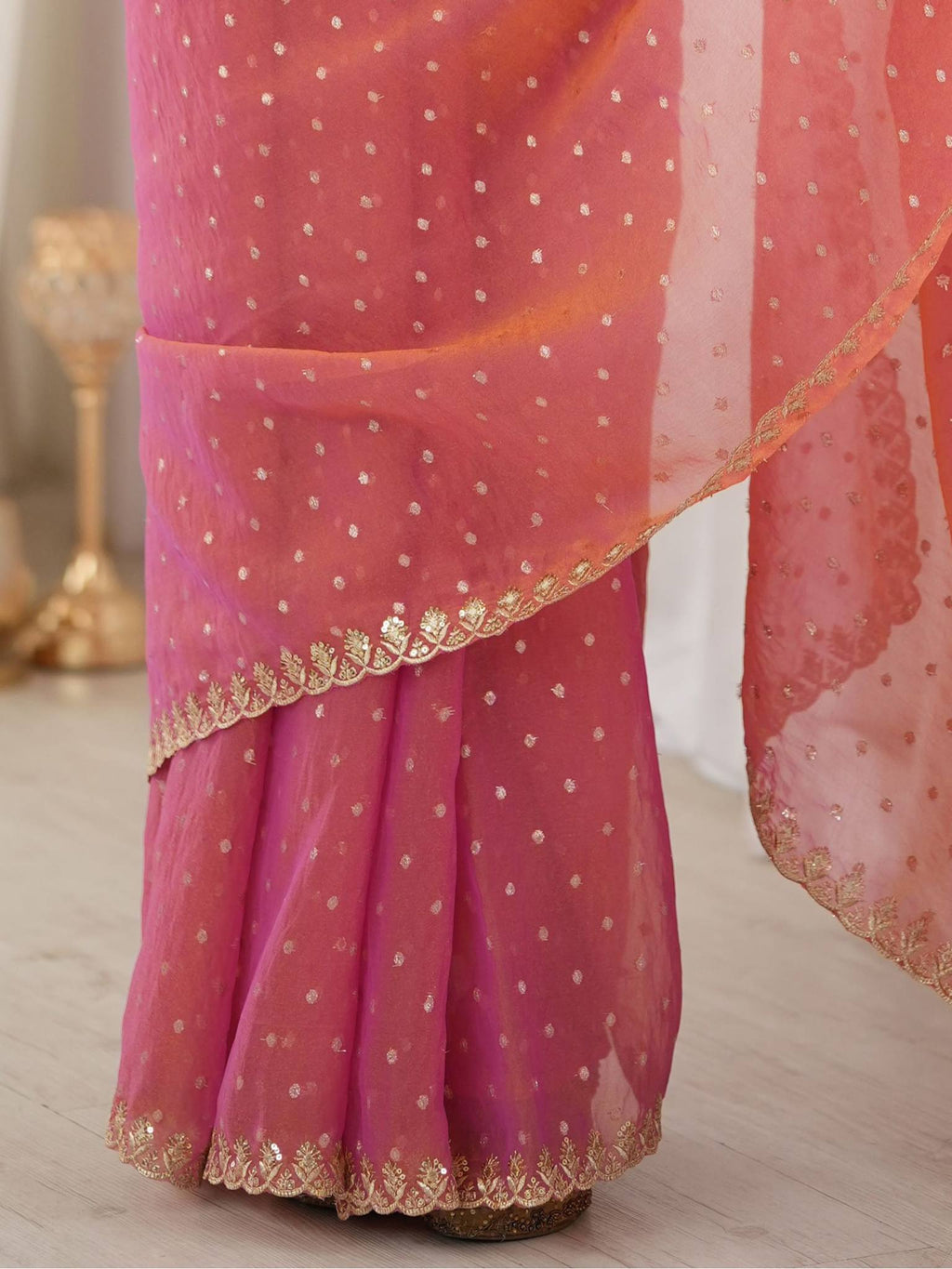Rose Coral Pink Moss Butti Saree with Embroidery Work - Detail View 7