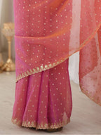 Rose Coral Pink Moss Butti Saree with Embroidery Work - Detail View 7