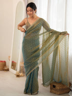 Teal Olive Green Moss Butti Saree with Embroidery Work - Front View