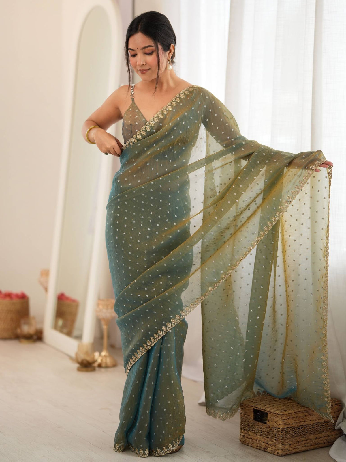 Teal Olive Green Moss Butti Saree with Embroidery Work - Front View