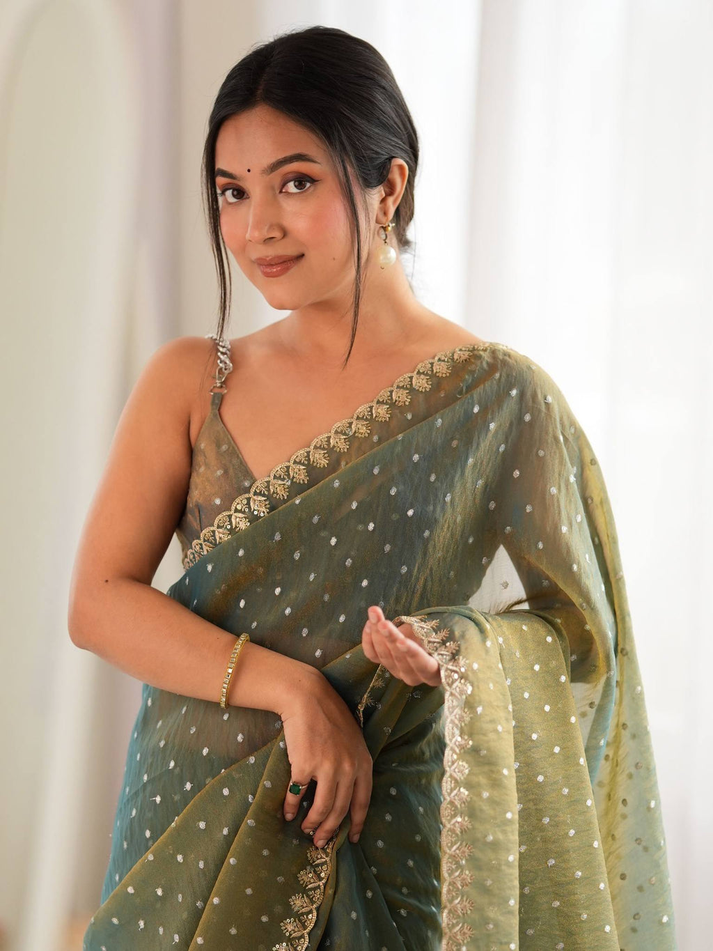 Teal Olive Green Moss Butti Saree with Embroidery Work - Detail View 2