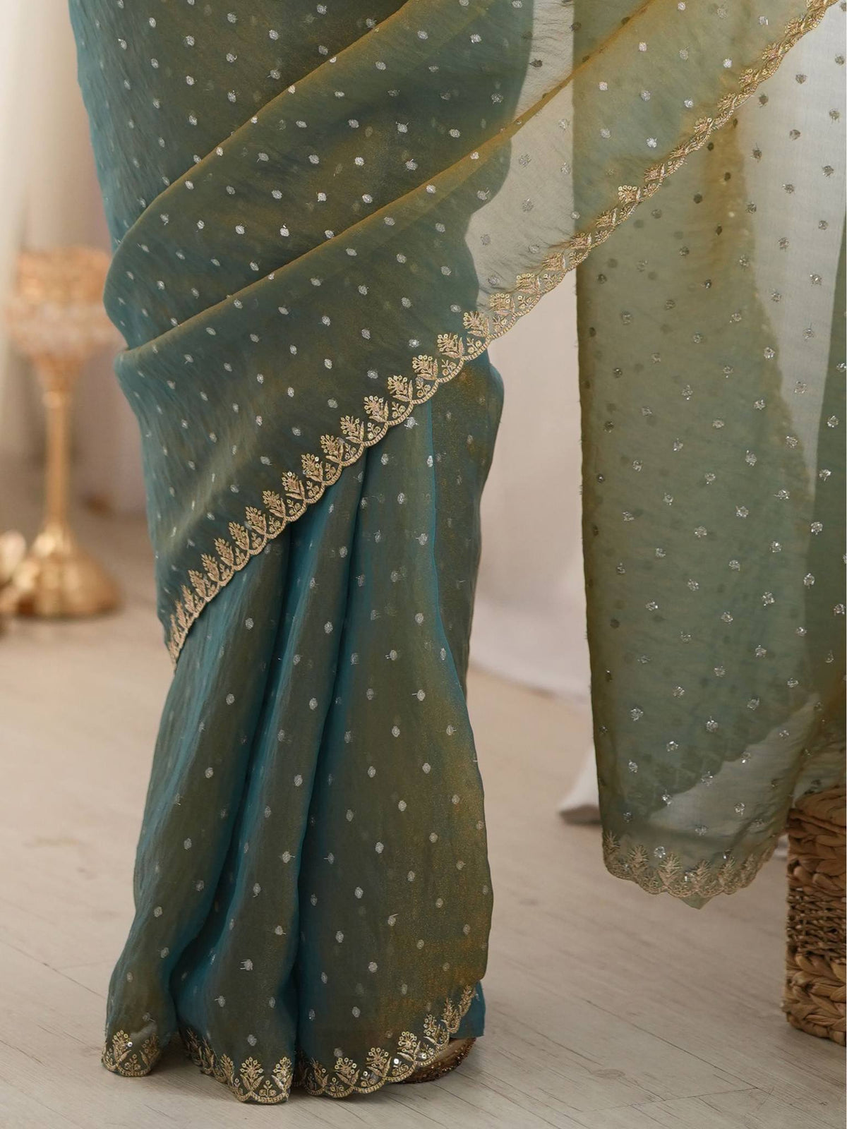 Teal Olive Green Moss Butti Saree with Embroidery Work - Detail View 3