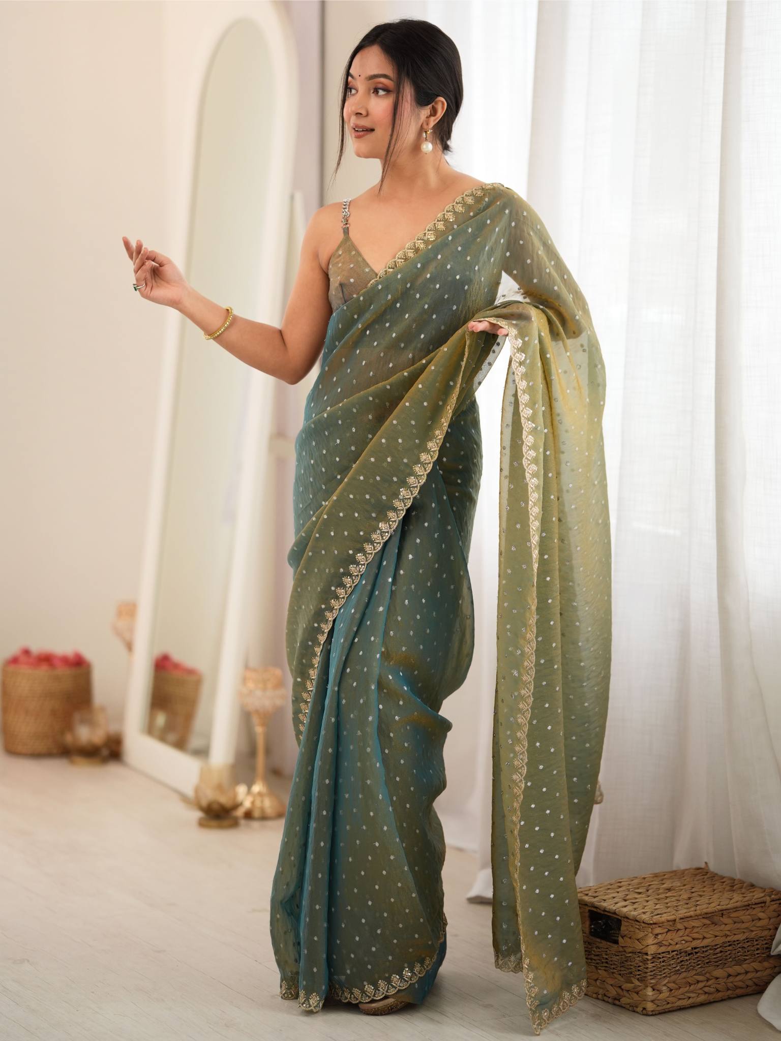 Teal Olive Green Moss Butti Saree with Embroidery Work - Detail View 4