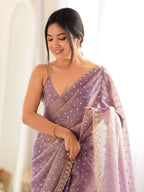 Pastel Lavender Purple Moss Butti Saree with Embroidery Work - Detail View 2