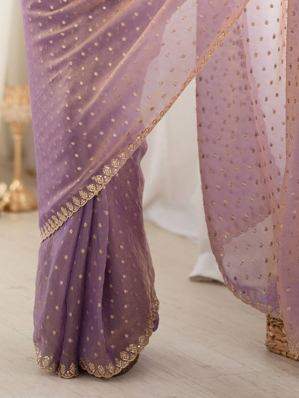 Pastel Lavender Purple Moss Butti Saree with Embroidery Work - Detail View 3