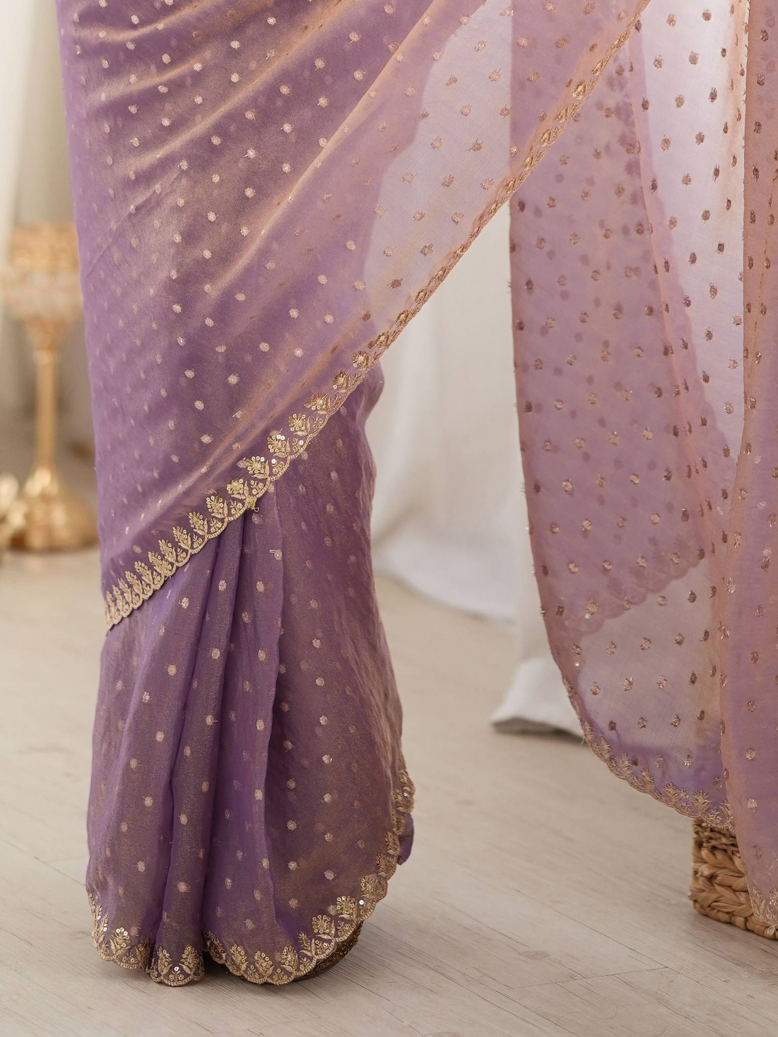 Pastel Lavender Purple Moss Butti Saree with Embroidery Work - Detail View 3