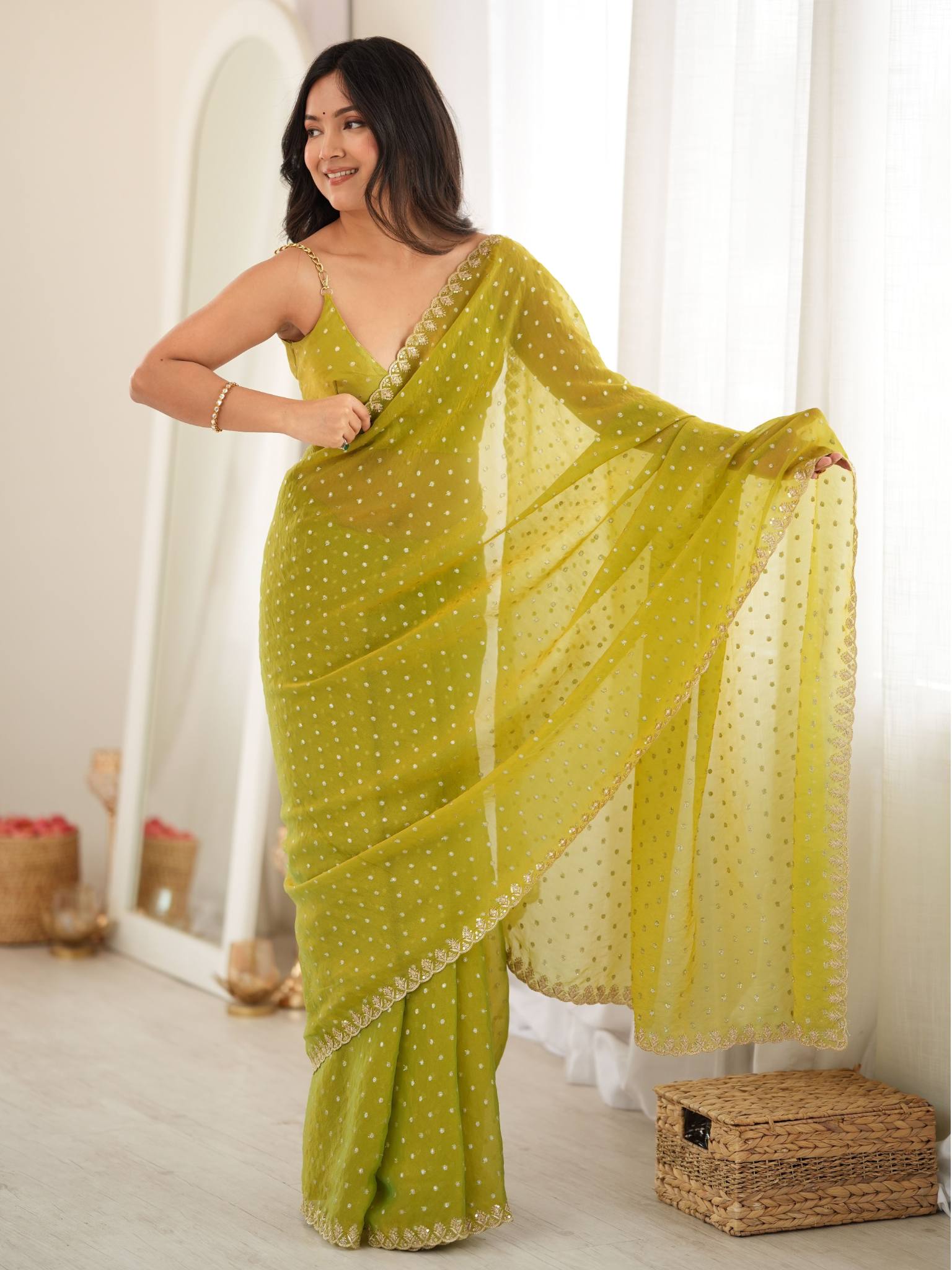 Lime Chartreuse Green Moss Butti Saree with Embroidery Work - Front View