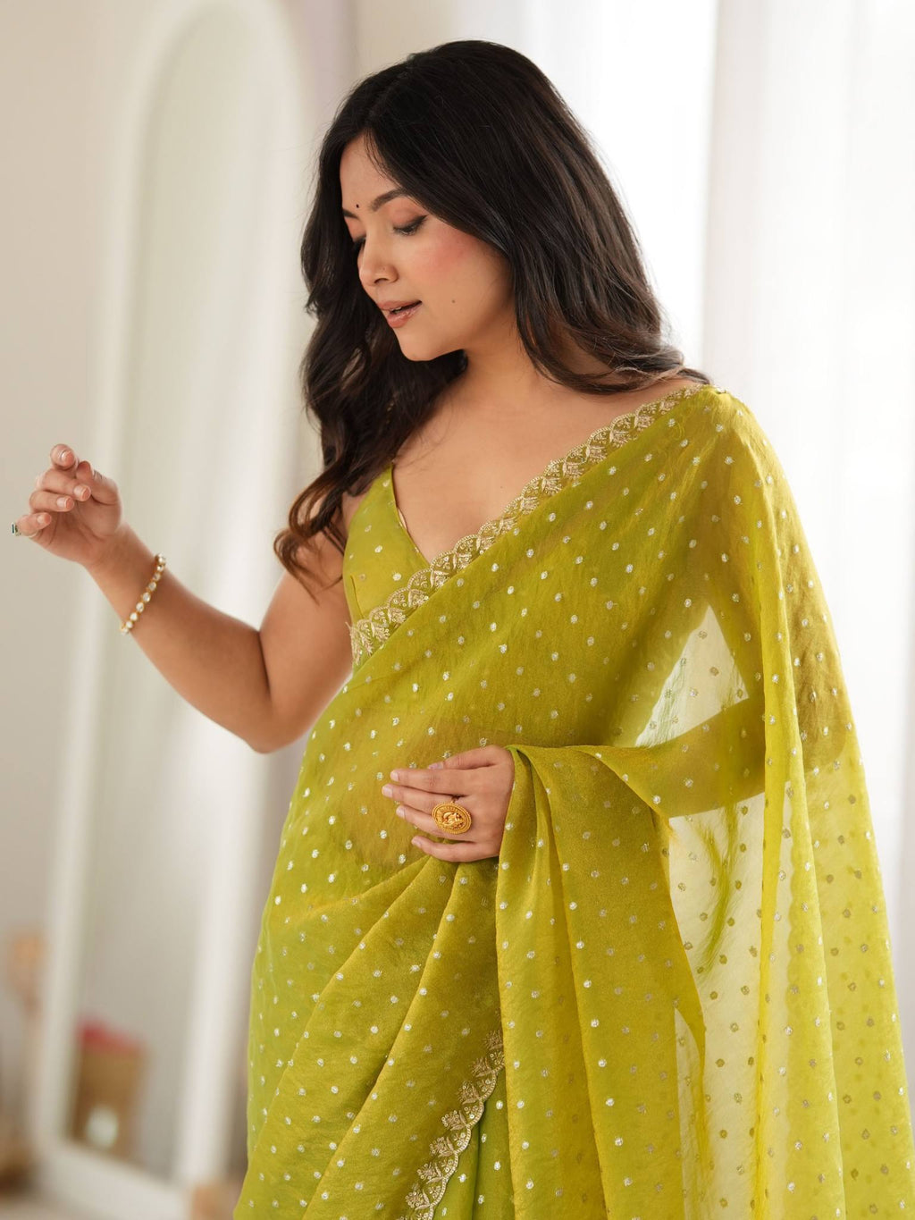 Lime Chartreuse Green Moss Butti Saree with Embroidery Work - Detail View 2