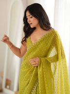Lime Chartreuse Green Moss Butti Saree with Embroidery Work - Detail View 2