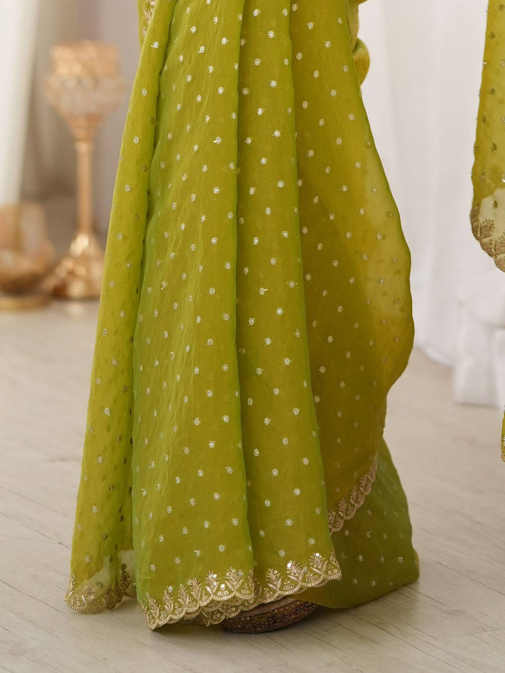Lime Chartreuse Green Moss Butti Saree with Embroidery Work - Detail View 3