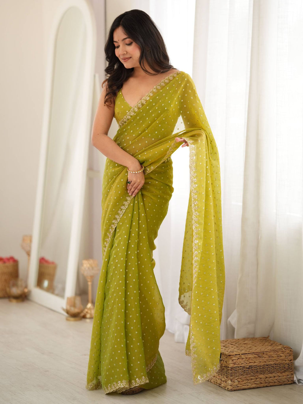 Lime Chartreuse Green Moss Butti Saree with Embroidery Work - Detail View 4