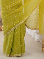 Lime Chartreuse Green Moss Butti Saree with Embroidery Work - Detail View 6