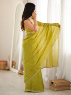 Lime Chartreuse Green Moss Butti Saree with Embroidery Work - Detail View 7