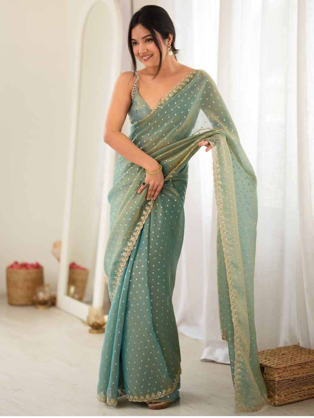 Sea Green Mint Moss Butti Saree with Embroidery Work - Front View