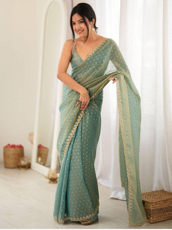 Sea Green Mint Moss Butti Saree with Embroidery Work - Front View