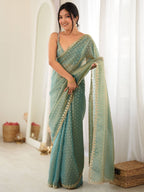 Sea Green Mint Moss Butti Saree with Embroidery Work - Detail View 2