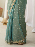 Sea Green Mint Moss Butti Saree with Embroidery Work - Detail View 4
