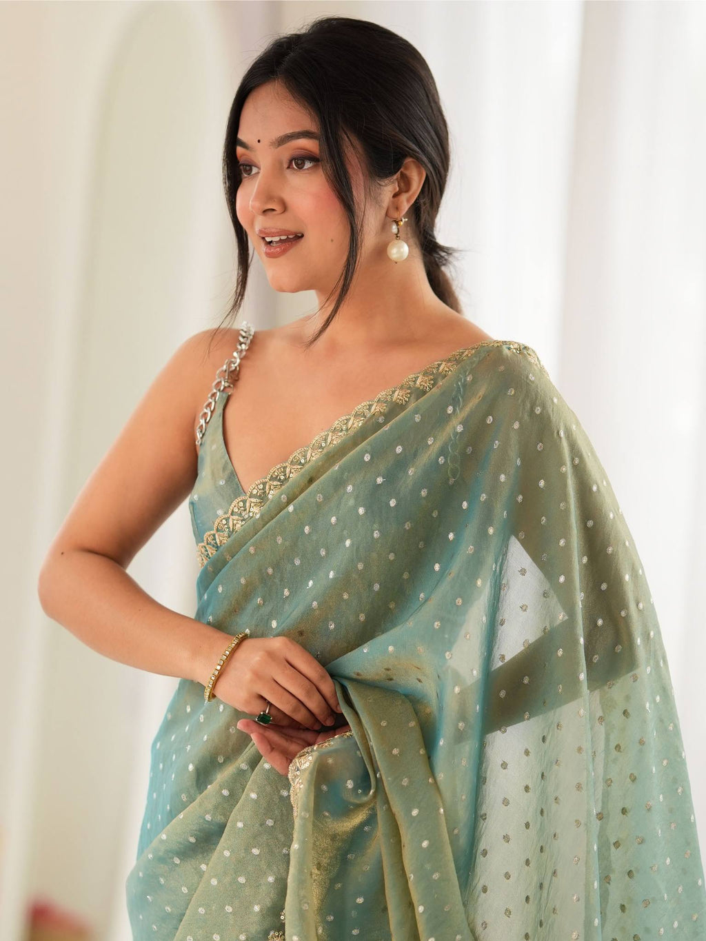 Sea Green Mint Moss Butti Saree with Embroidery Work - Detail View 3