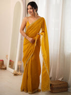 Mustard Yellow Moss Butti Saree with Embroidery Work - Front View
