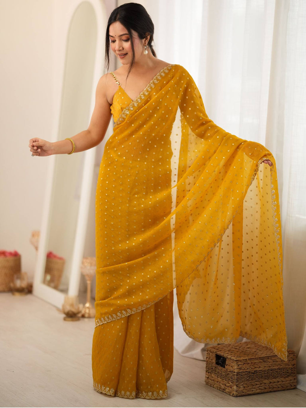 Mustard Yellow Moss Butti Saree with Embroidery Work - Detail View 2