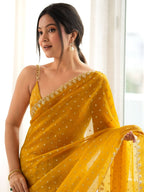 Mustard Yellow Moss Butti Saree with Embroidery Work - Detail View 3