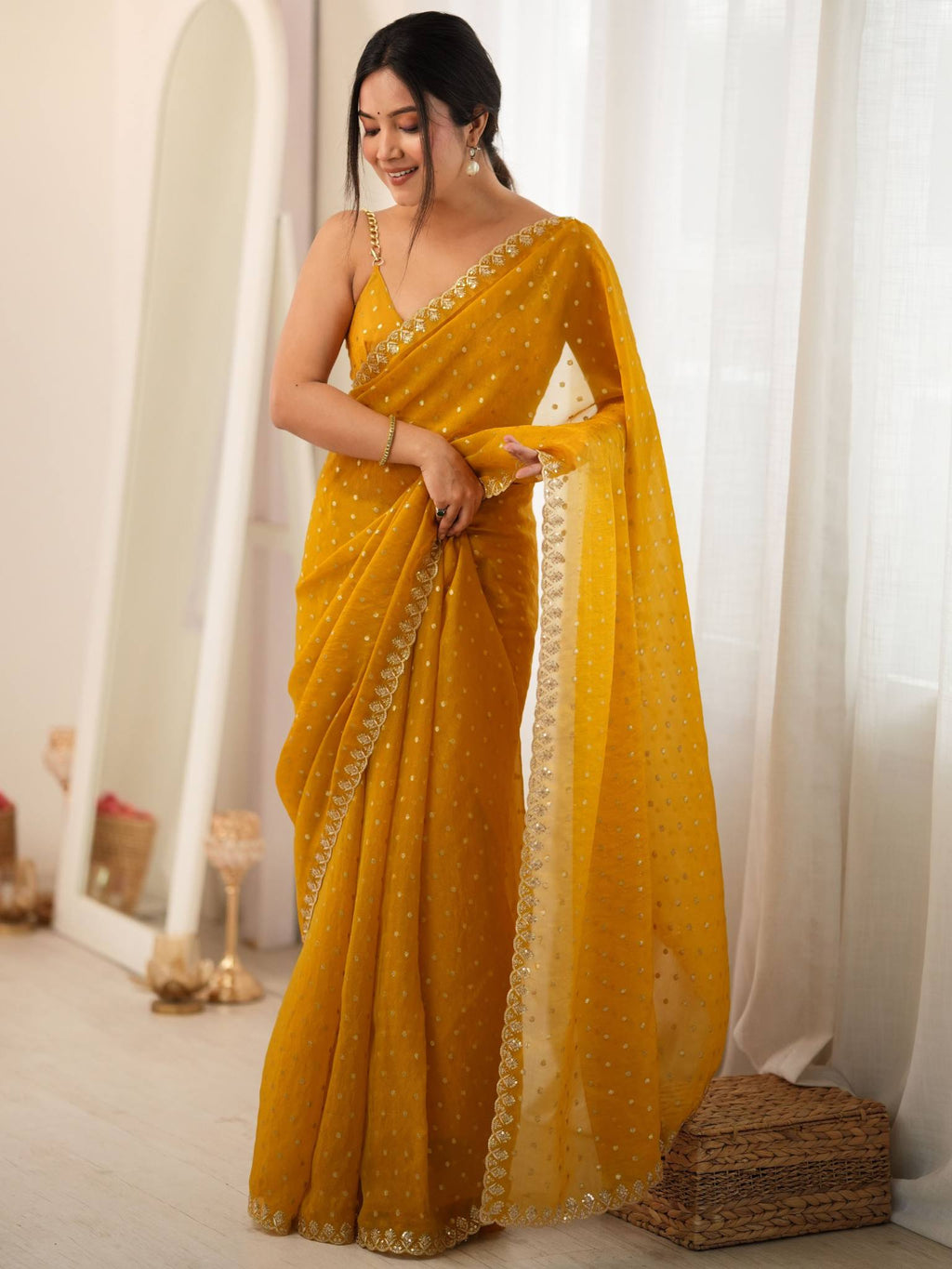 Mustard Yellow Moss Butti Saree with Embroidery Work - Detail View 5