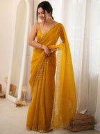 Mustard Yellow Moss Butti Saree with Embroidery Work - Detail View 5