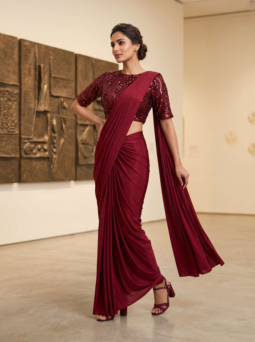 Maroon Embroidered Lycra Ready to Wear Saree with Stitched Blouse