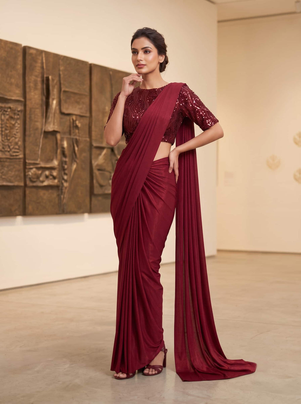 Maroon Embroidered Lycra Ready to Wear Saree with Stitched Blouse