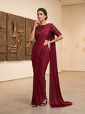 Maroon Embroidered Lycra Ready to Wear Saree with Stitched Blouse
