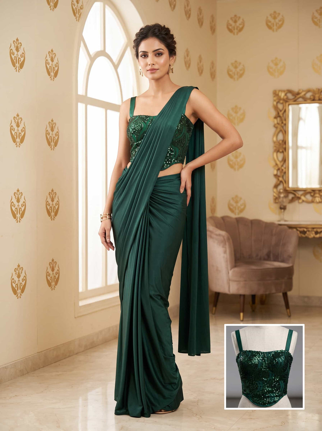 Green Embroidered Lycra Ready to Wear Saree with Stitched Blouse