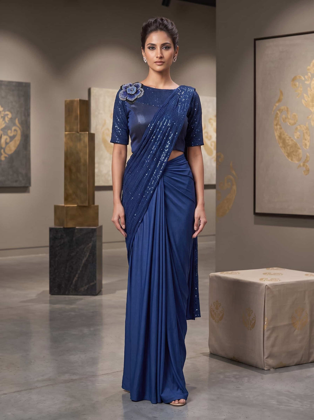 Blue Embroidered Lycra Ready to Wear Saree with Stitched Blouse