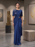 Blue Embroidered Lycra Ready to Wear Saree with Stitched Blouse