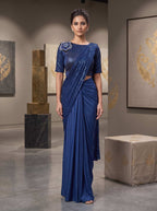 Blue Embroidered Lycra Ready to Wear Saree with Stitched Blouse
