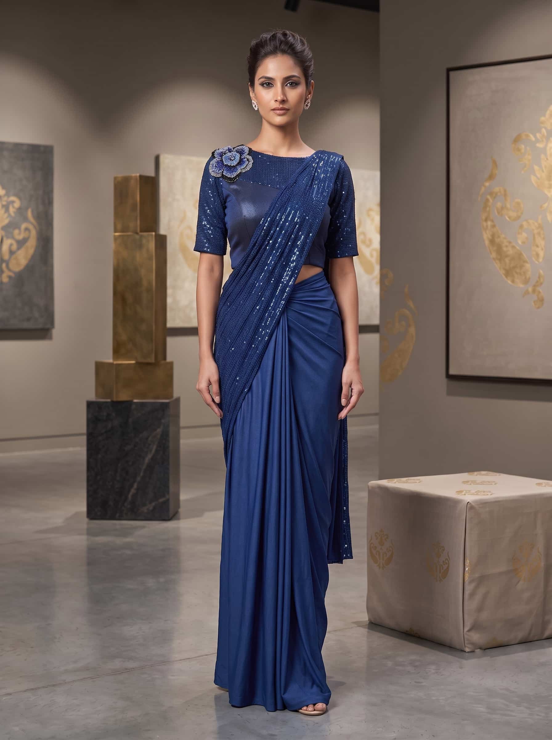 Blue Embroidered Lycra Ready to Wear Saree with Stitched Blouse