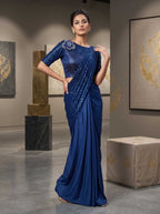 Blue Embroidered Lycra Ready to Wear Saree with Stitched Blouse