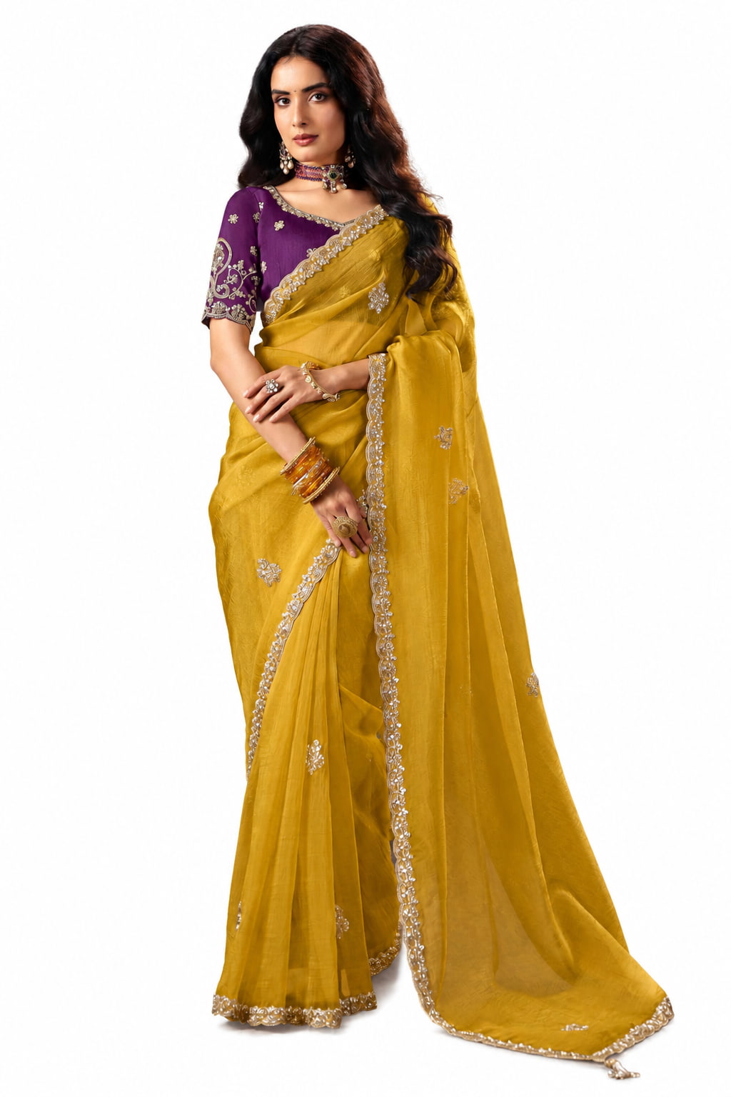 Naksh Creation Mustard Yellow Fancy Fabric Saree - Naksh Creation