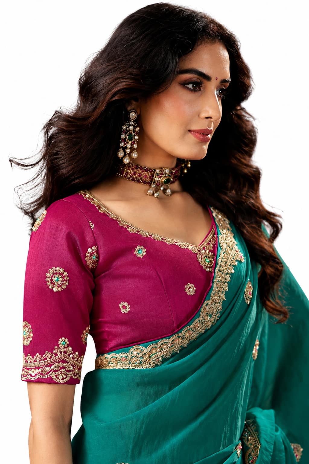 Naksh Creation Dark Teal Fancy Fabric Saree