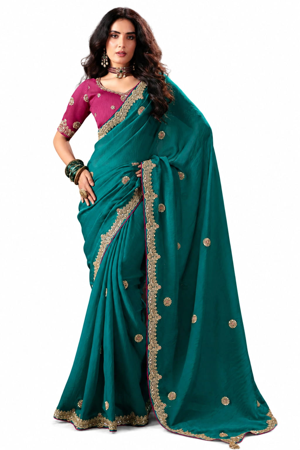 Naksh Creation Dark Teal Fancy Fabric Saree - Naksh Creation