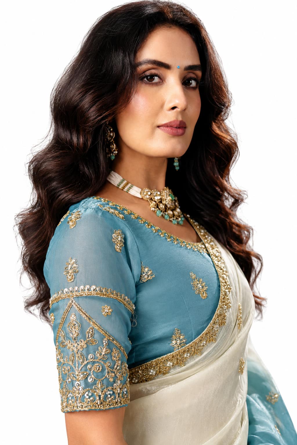 Naksh Creation Ombre White and Blue Fancy Fabric Saree