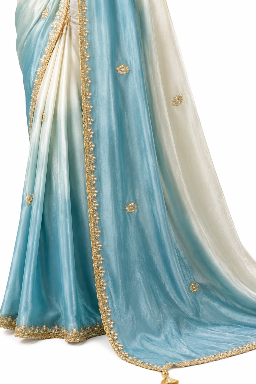Naksh Creation Ombre White and Blue Fancy Fabric Saree