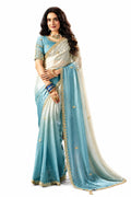 Naksh Creation Ombre White and Blue Fancy Fabric Saree