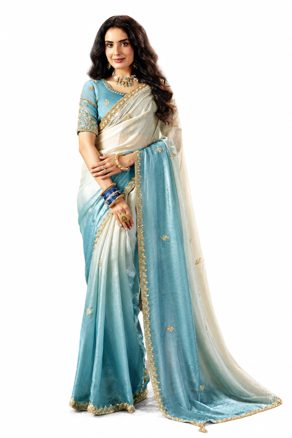 Naksh Creation Ombre White and Blue Fancy Fabric Saree - Naksh Creation