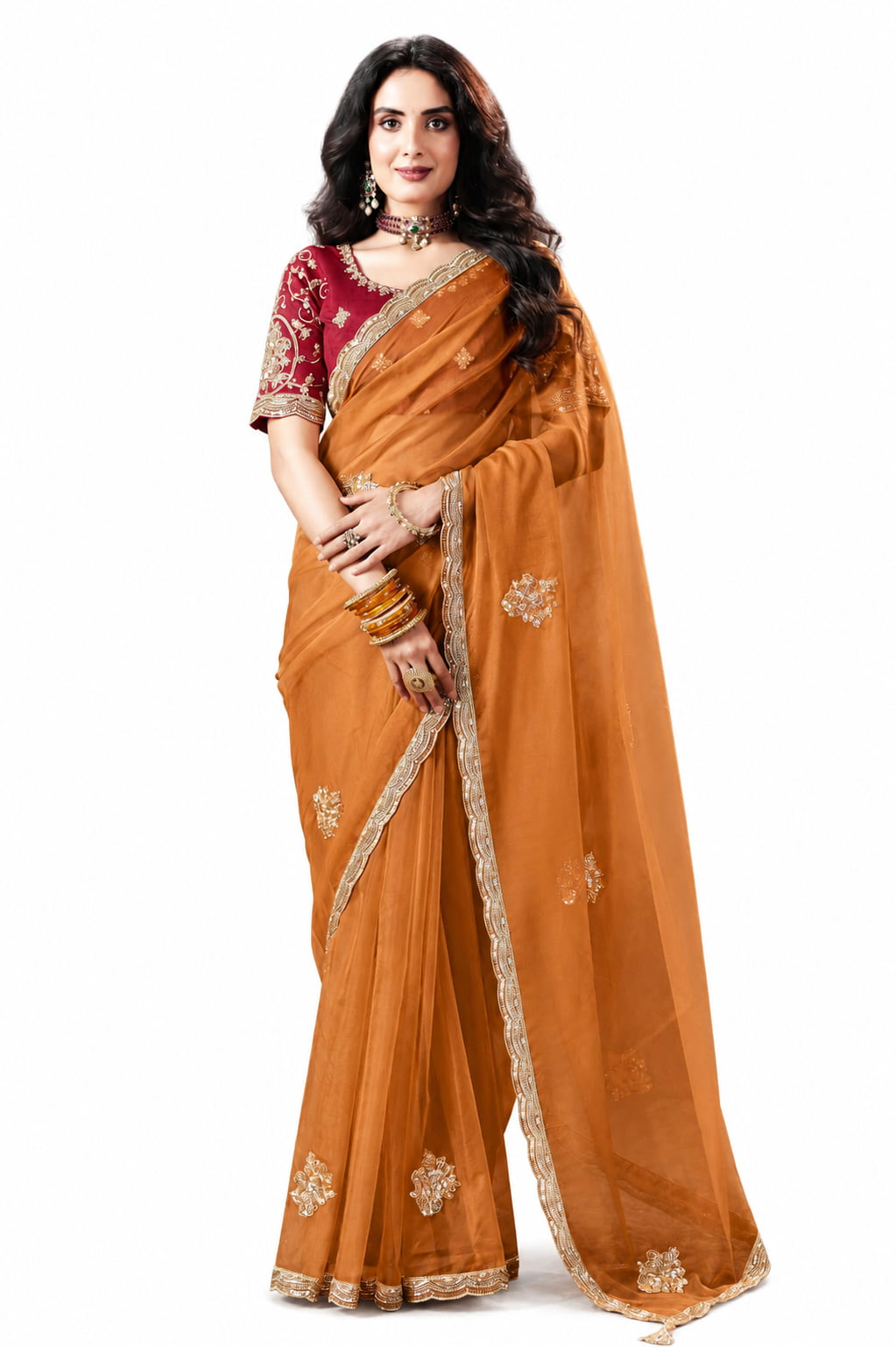 Naksh Creation Rust Orange Fancy Fabric Saree - Naksh Creation