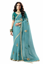 Naksh Creation Sky Blue Fancy Fabric Saree - Naksh Creation
