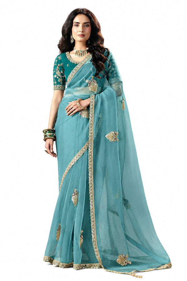 Naksh Creation Sky Blue Fancy Fabric Saree - Naksh Creation