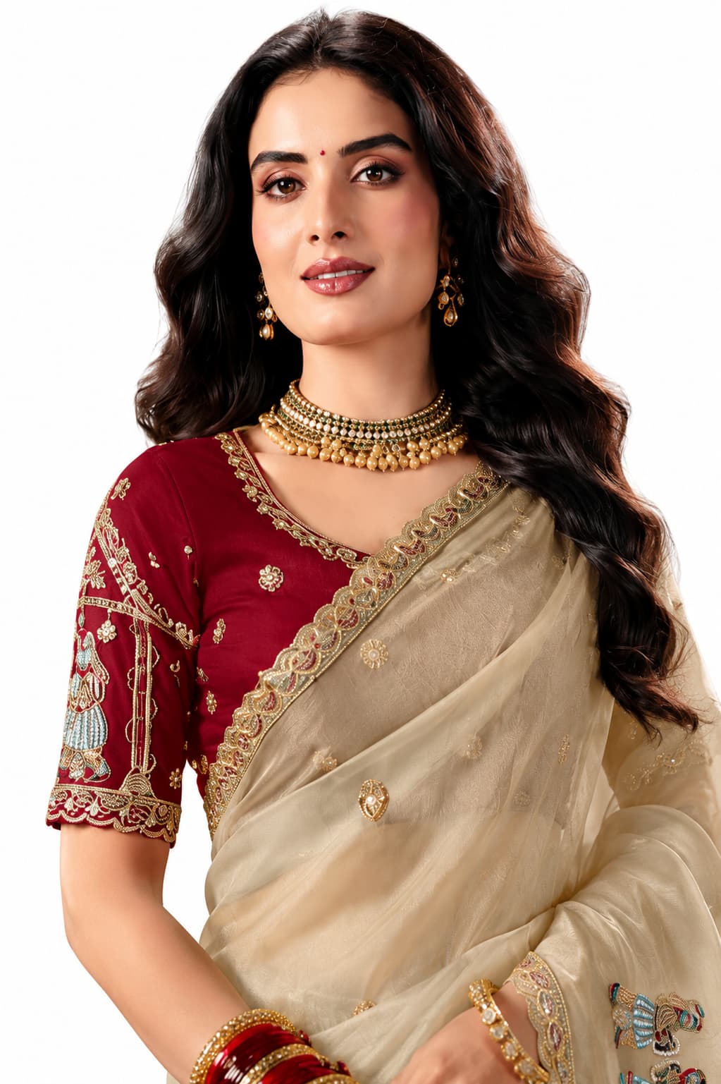 Naksh Creation Beige Fancy Fabric Saree